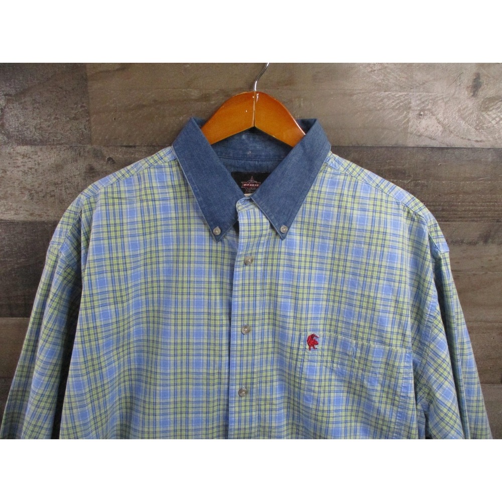 PBR Professional Bull Riders Shirt Mens XL Blue Green Plaid Button Down Cotton